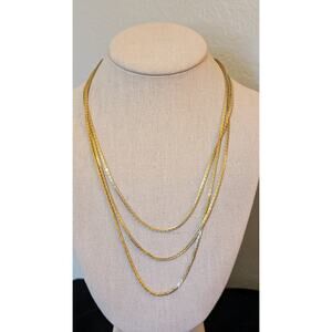 Vintage Three Strand Rectangle Chain Link Gold Tone Necklace
